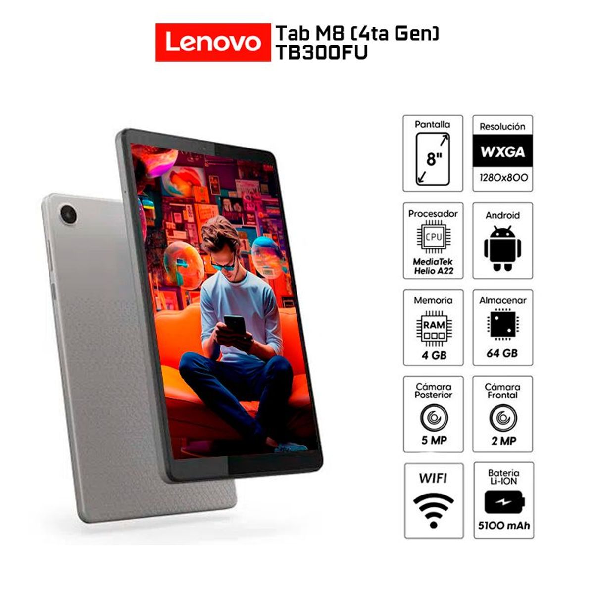 LENOVO - Tablet Lenovo Tab M8 4ta Gen-TB300FU 8 4GB ram 64GB Cámara P 5MP frontal 2MP WIFI  Folio case