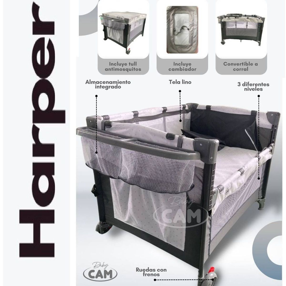 GENERICO - Cuna Corral Colecho Baby Cam HARPER Menta llantas Gris