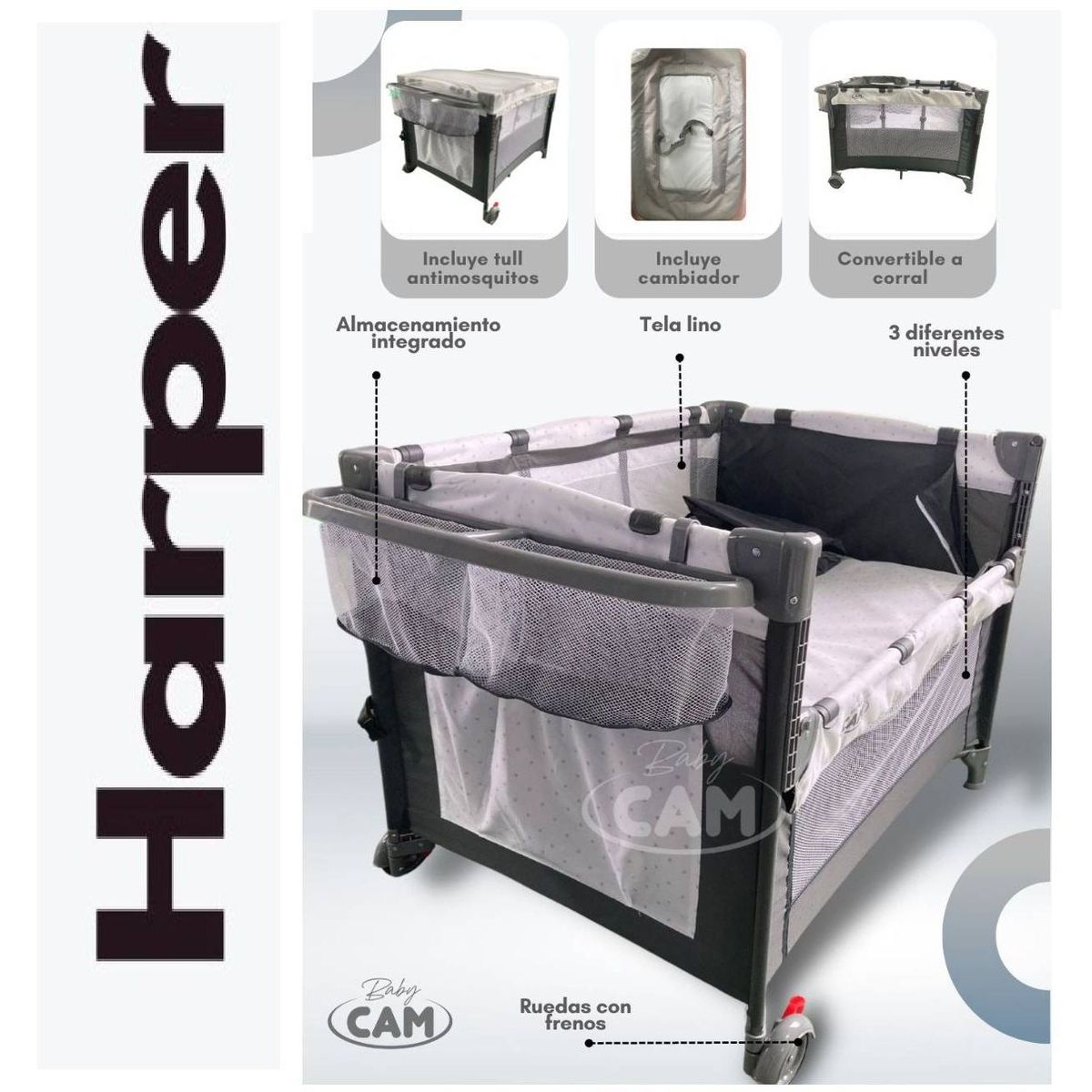 GENERICO - Cuna Corral Colecho Baby Cam HARPER Menta llantas Gris