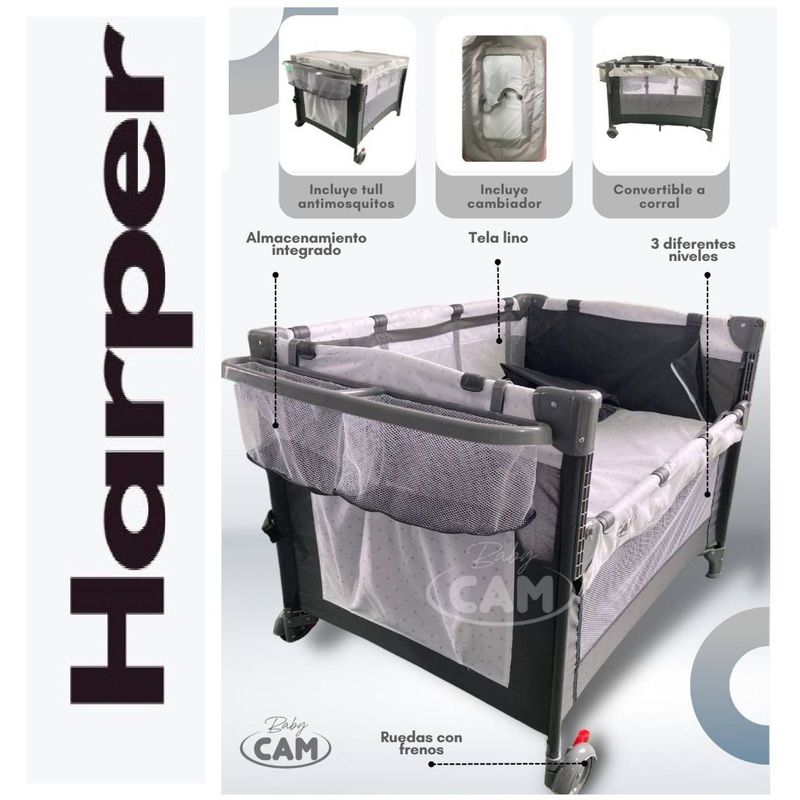 Cuna Corral Colecho Baby Cam HARPER Menta llantas Gris Sodimac Perú