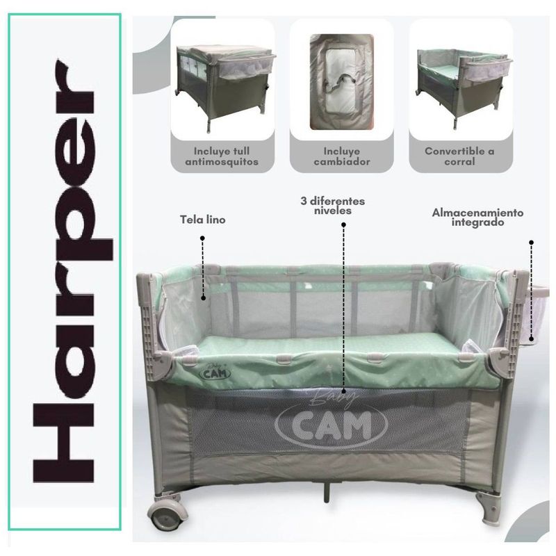 GENERICO - Cuna Corral Colecho Baby Cam HARPER Menta llantas Verde