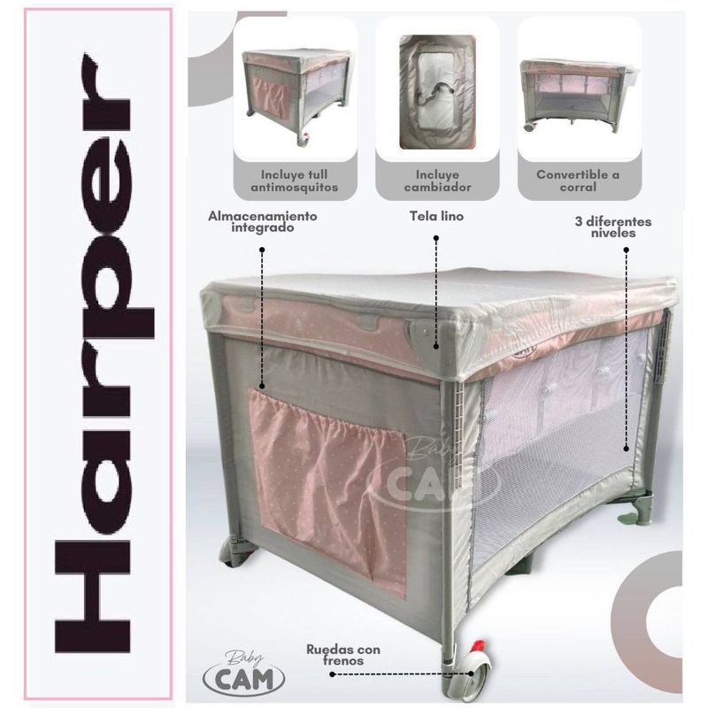 GENERICO - Cuna Corral Colecho Baby Cam HARPER Menta llantas Rosado