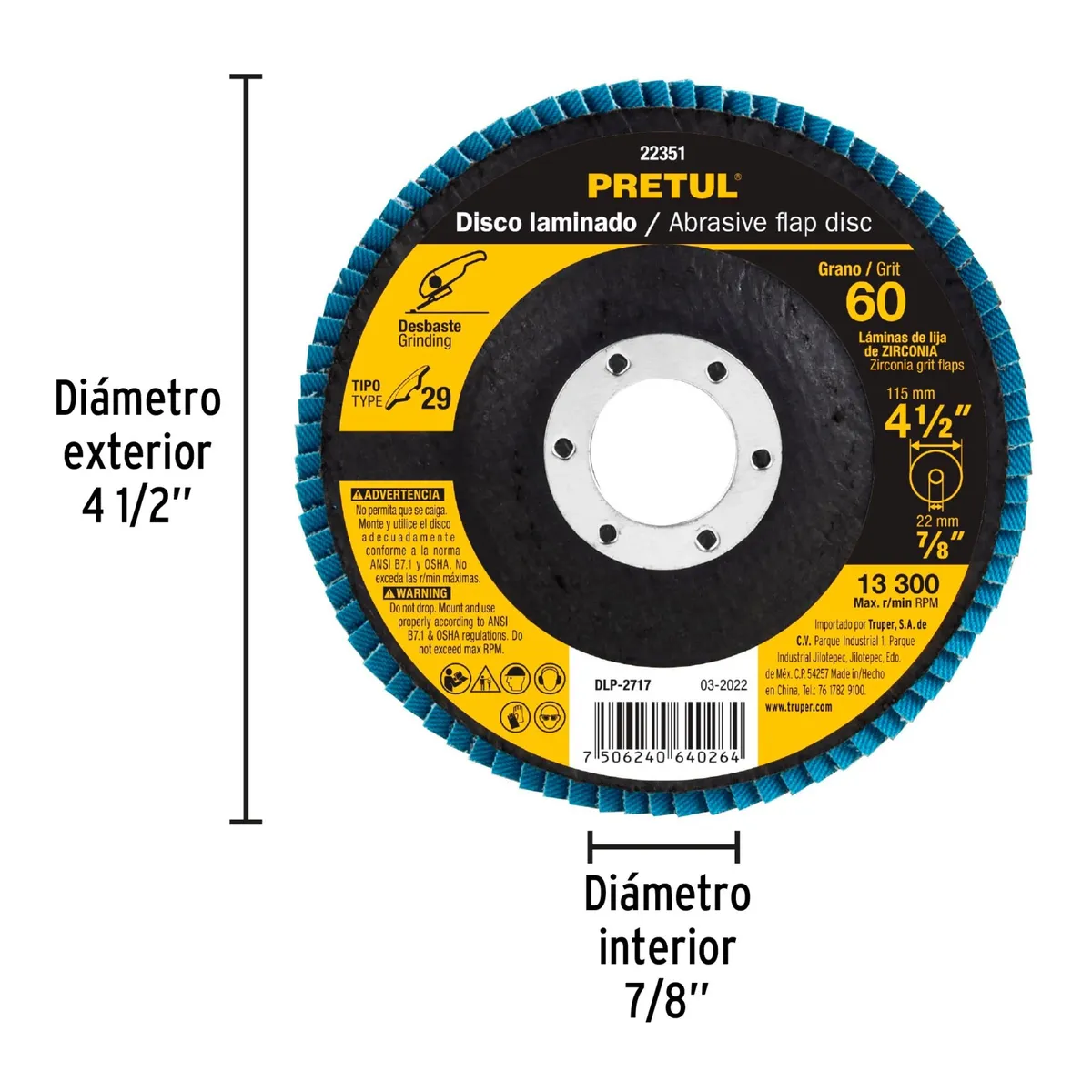 PRETUL - Disco flap polifan 4-1/2" laminado grano 60 centro 7/8", Pretul