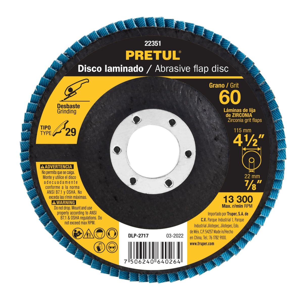 PRETUL - Disco flap polifan 4-1/2" laminado grano 60 centro 7/8", Pretul