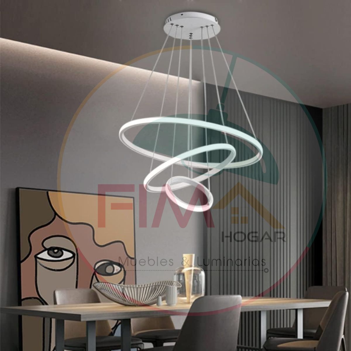 GENERICO - Lampara colgante led de 3 aros blancos incluye control remoto