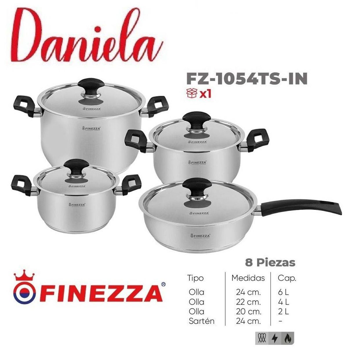 FINEZZA - Set De Ollas De Acero DANIELA 8 PZAS FZ-1054TS-IN