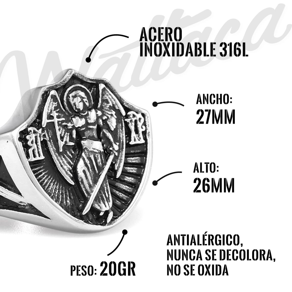 WATTACA - Anillo de San Miguel Arcángel para hombre Acero Quirúrgico Inoxidable