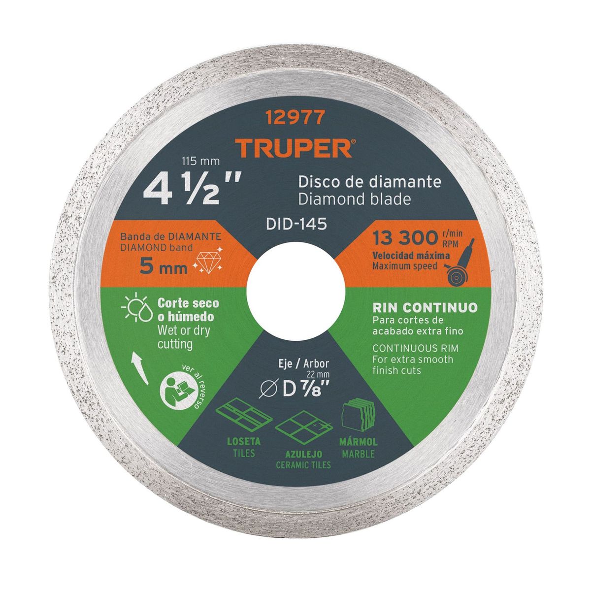 TRUPER - Disco de diamante de 4-1/2" x 1.6 mm disco para concreto porcelanato