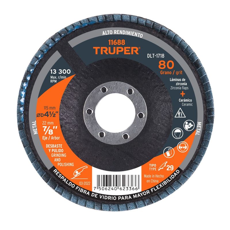 TRUPER - Disco flap polifan 4-1/2" laminado grano 80 centro 7/8", TRUPER