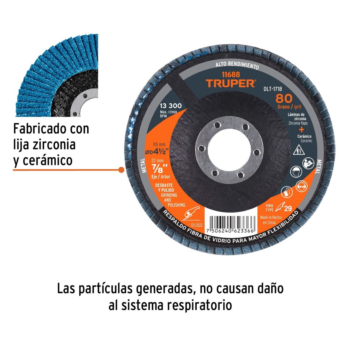 TRUPER - Disco flap polifan 4-1/2" laminado grano 80 centro 7/8", TRUPER
