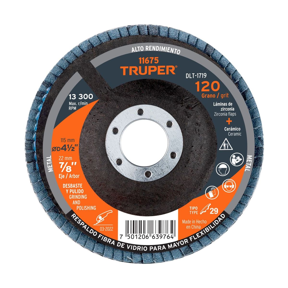 TRUPER - Disco flap polifan 4-1/2" laminado grano 120 centro 7/8", TRUPER