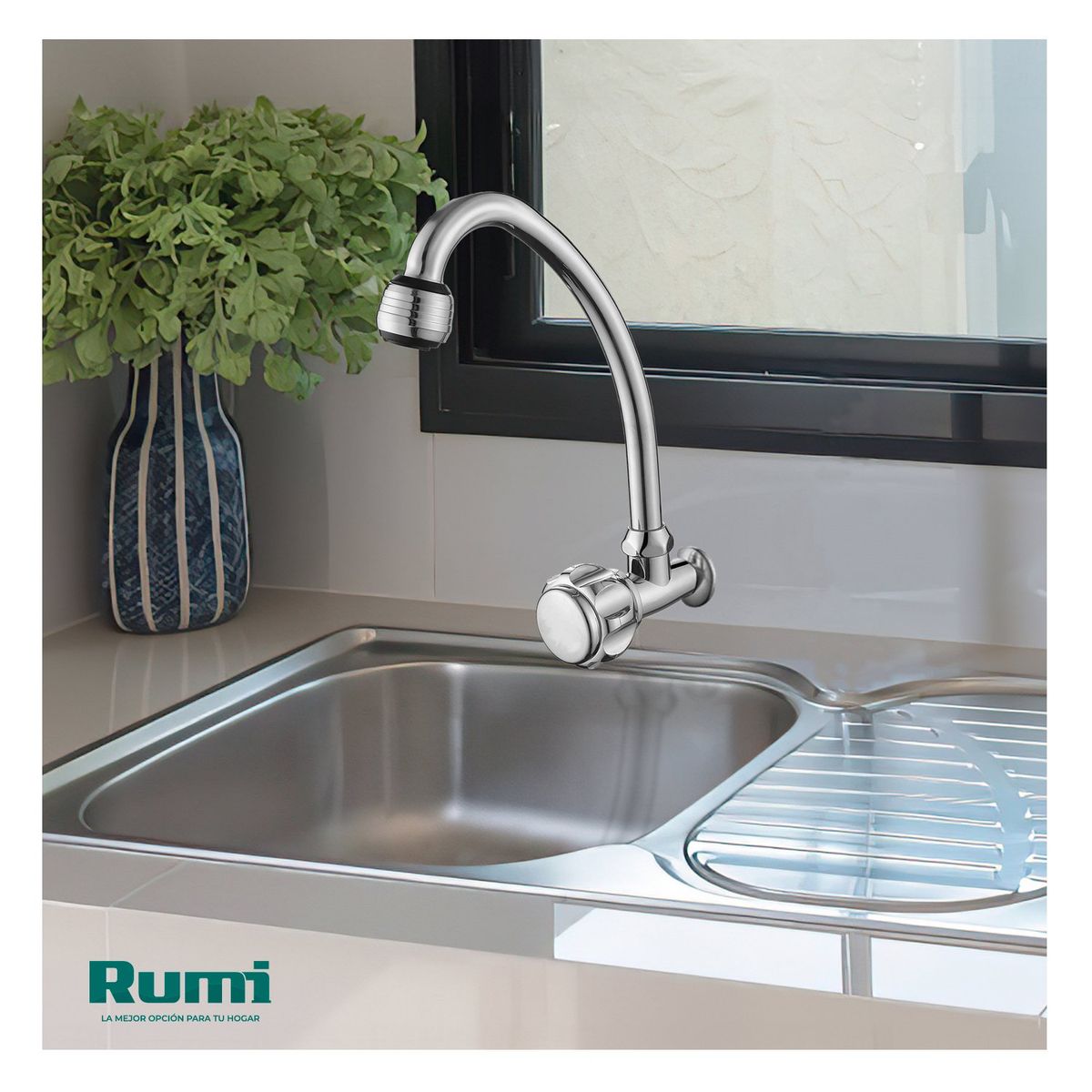 RUMI - LLAVE DE COCINA A LA PARED QORI R-03 CROMADA RUMI