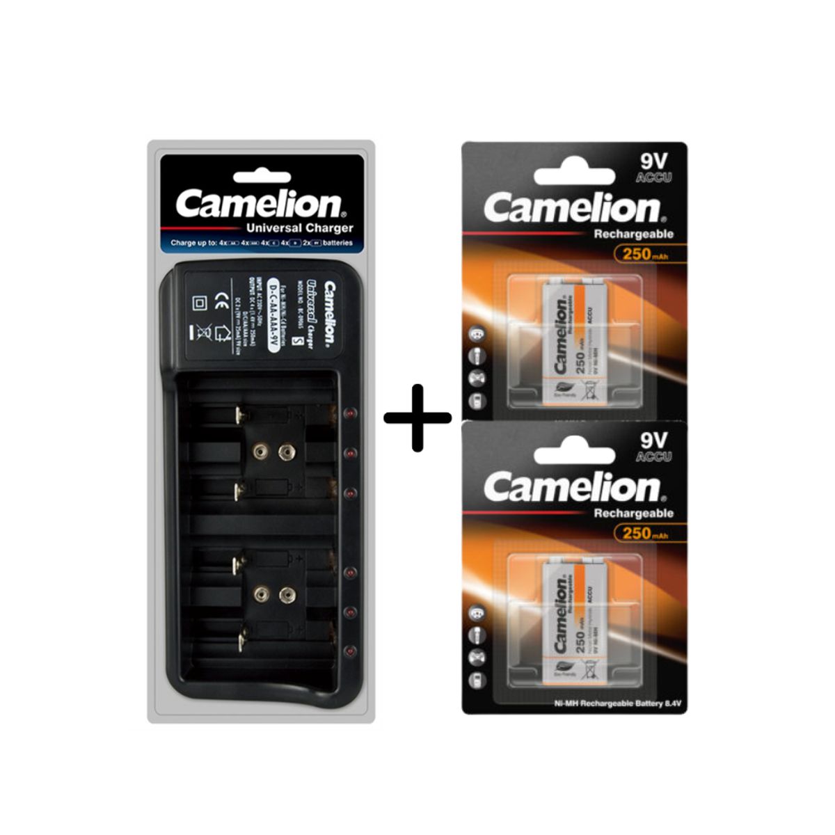 GENERICO - PACK CARGADOR UNIVERSAL BC-0906SM + 2 BATERIA 9V 250mAh RECARGABLES