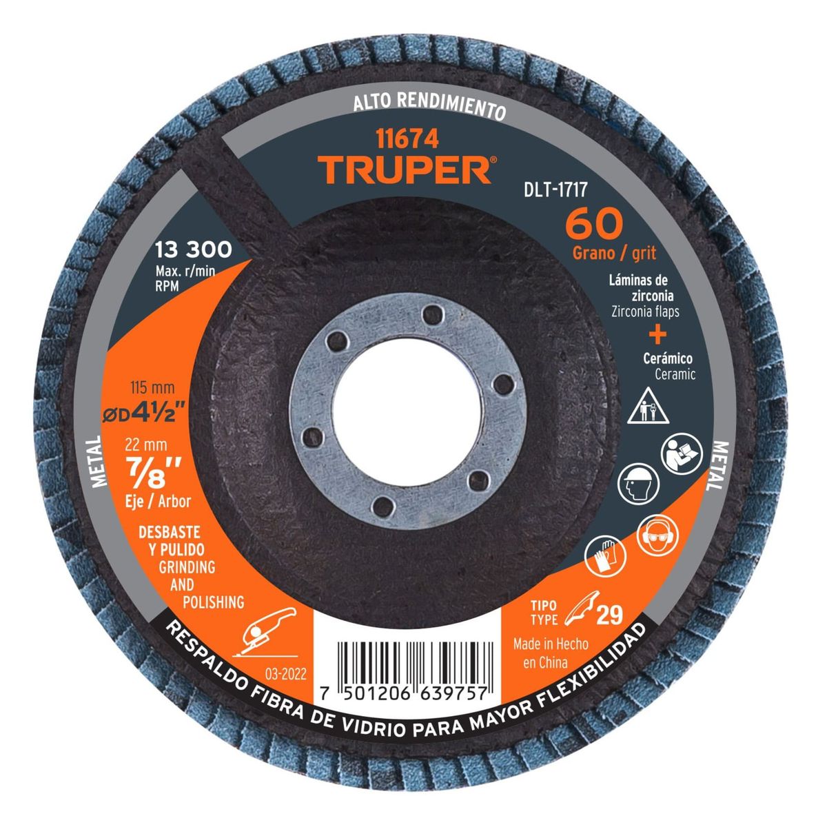 TRUPER - Disco flap polifan 4-1/2" laminado grano 60 centro 7/8", TRUPER