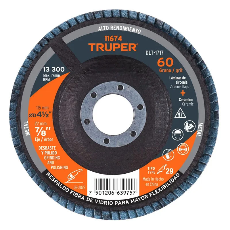 TRUPER - Disco flap polifan 4-1/2" laminado grano 60 centro 7/8", TRUPER