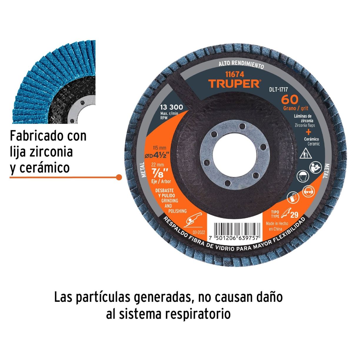 TRUPER - Disco flap polifan 4-1/2" laminado grano 60 centro 7/8", TRUPER