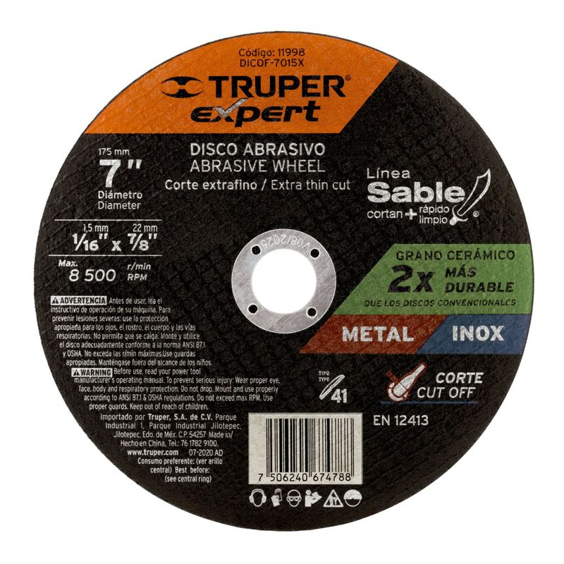 TRUPER - Disco de corte metálico 7" x 1.5 mm, truper Expert