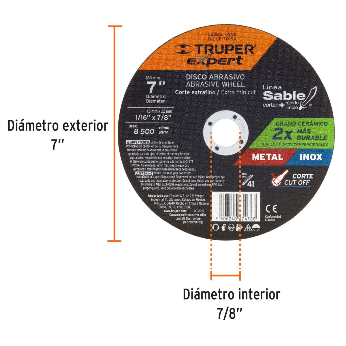 TRUPER - Disco de corte metálico 7" x 1.5 mm, truper Expert