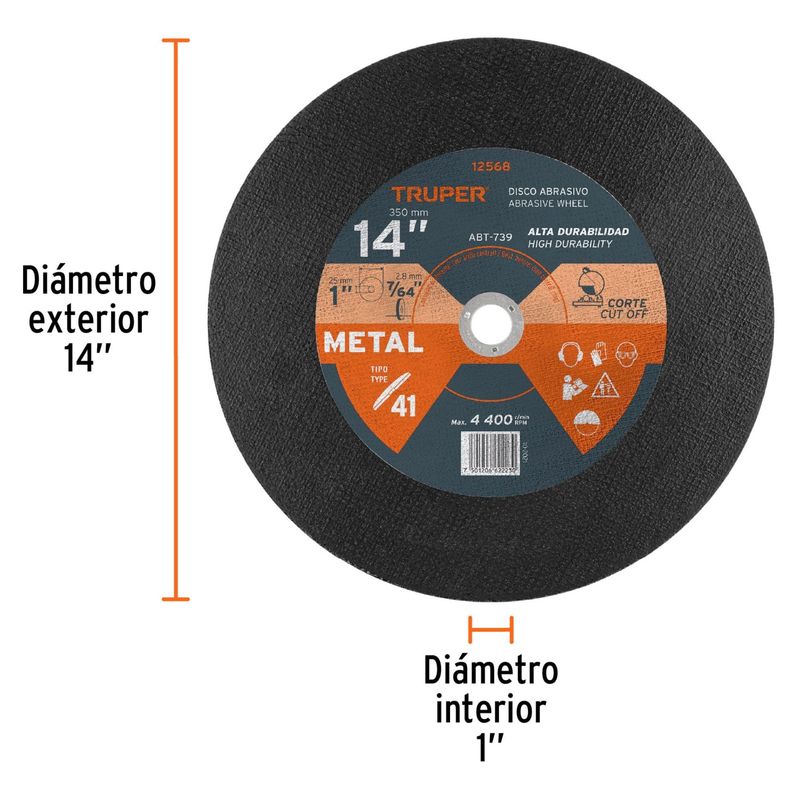 TRUPER - Disco de corte metálico 14" x 2.8 mm, PARA TRONZADORA truper