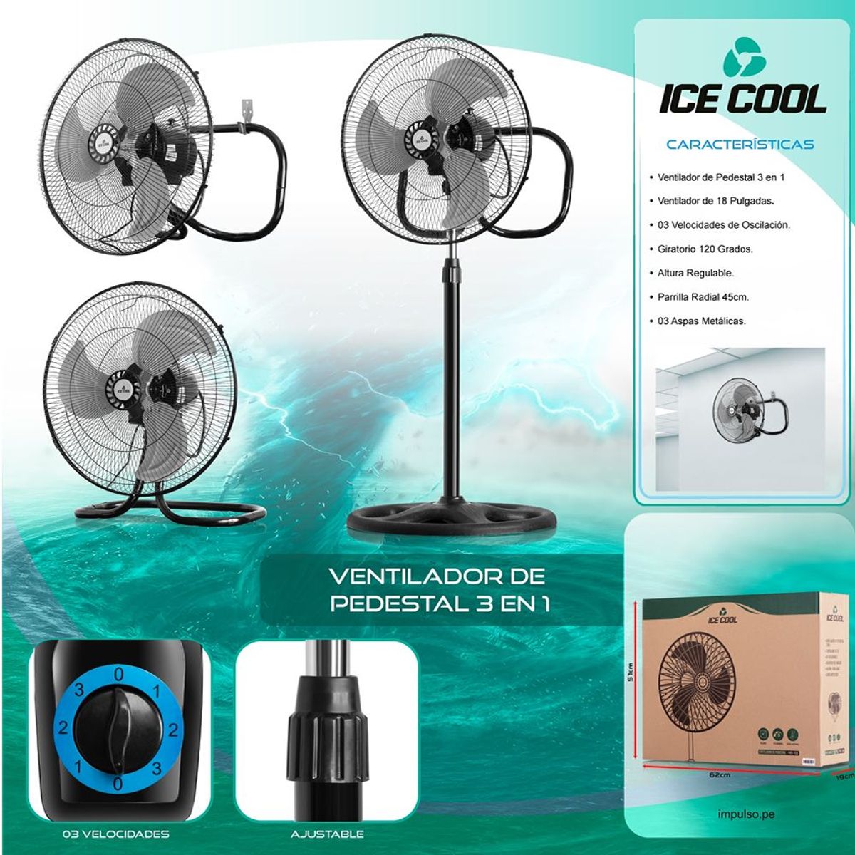 ICE - Ventilador ICE COOL FWS_45B 18 pulgadas 3en1 potencia 60 W 3 aspas