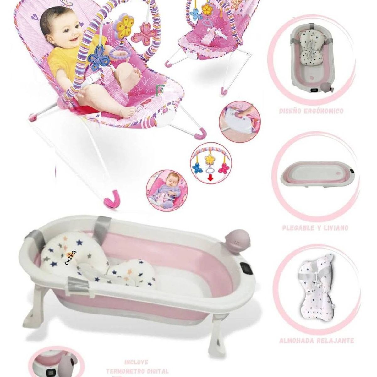 IDEAL - Tina de Baño Jelly con termómetro y Silla Mecedora Vibradora