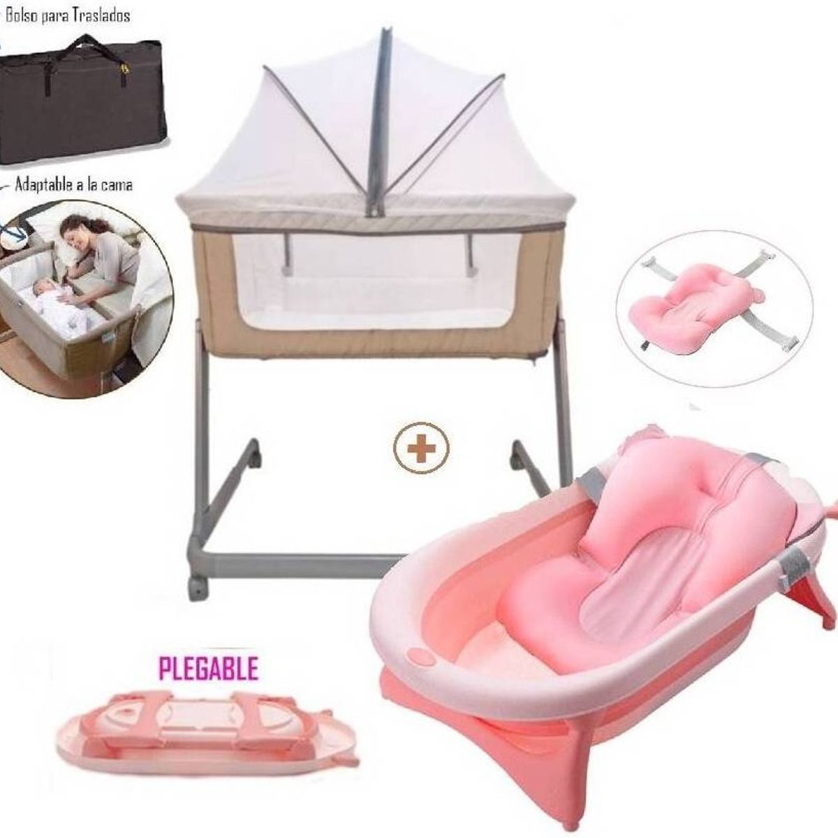 EBABY - Cuna Colecho adaptador a la cama Beige y Tina pegable Rosa