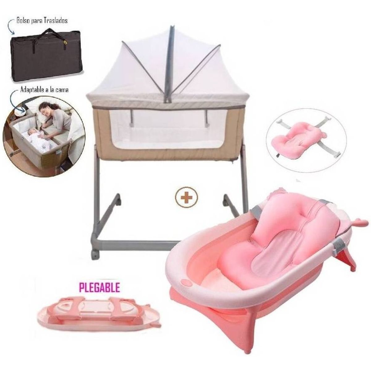 EBABY - Cuna Colecho adaptador a la cama Beige y Tina pegable Rosa