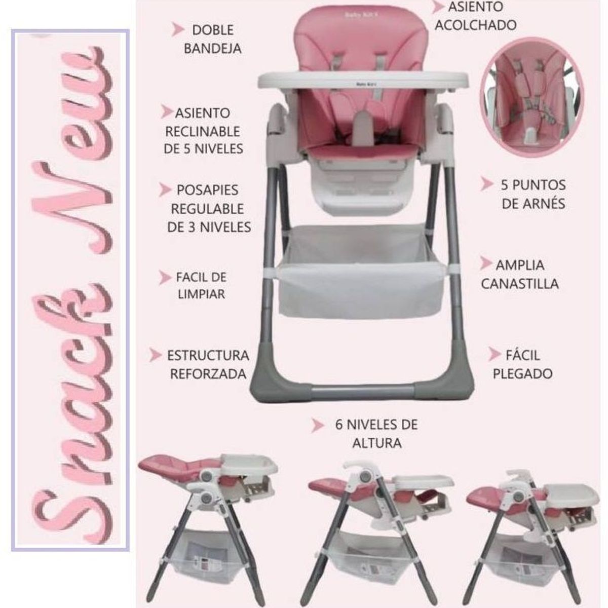 BABY KITS - Silla de Comer Snack Rosado con 6 Niveles de Altura