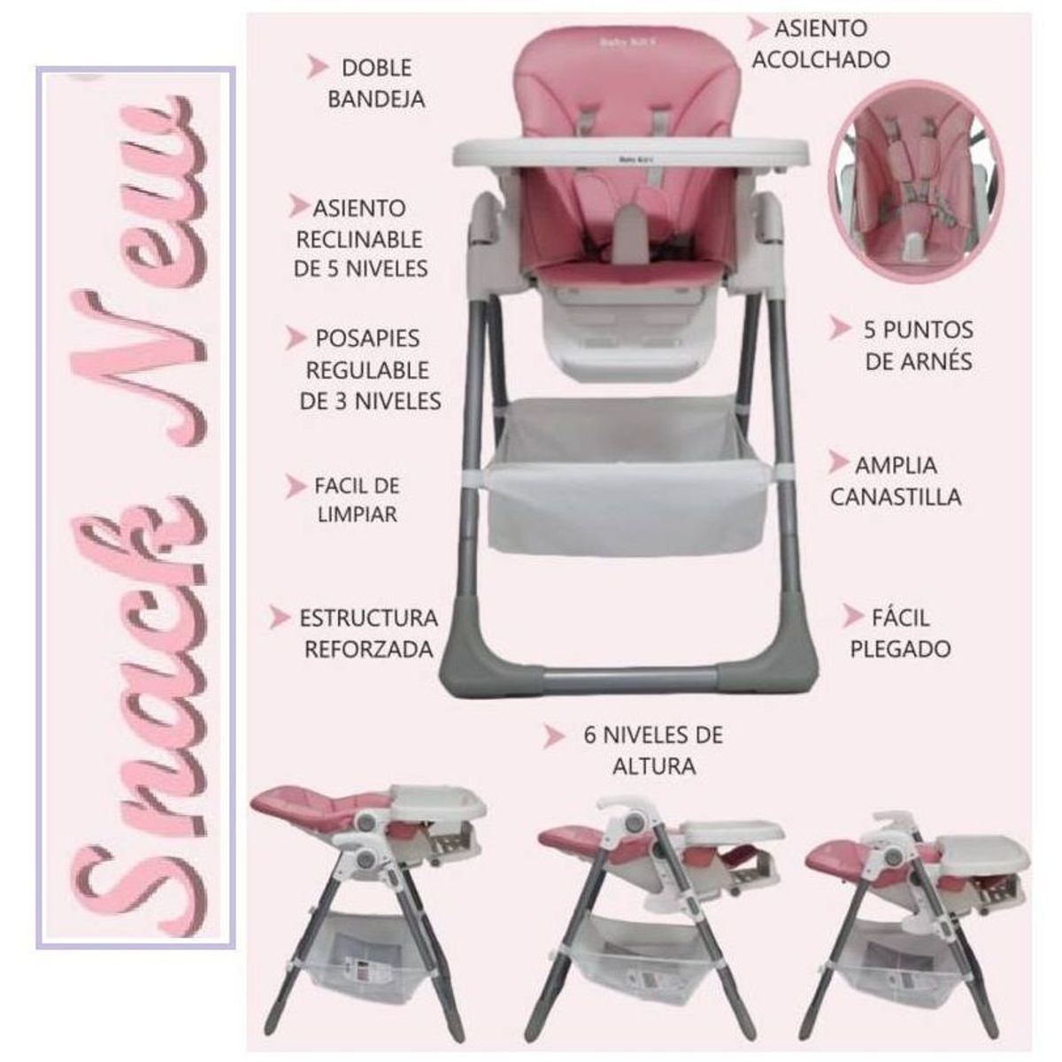BABY KITS - Silla de Comer Snack Rosado con 6 Niveles de Altura
