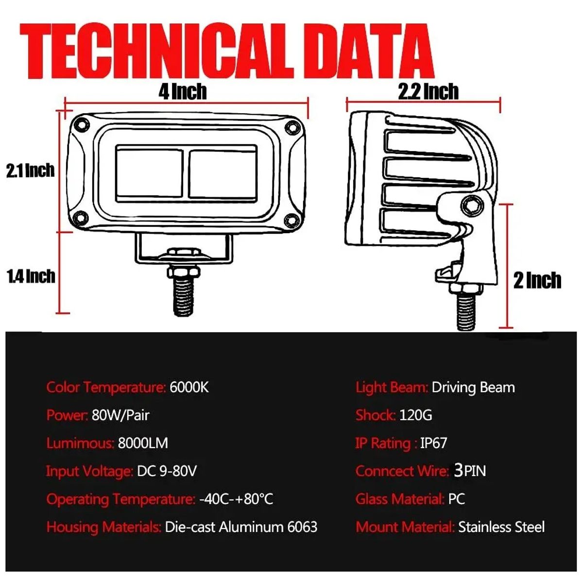 GENERICO - Par Faro Led Neblinero Rectangular Original 8D Direccional