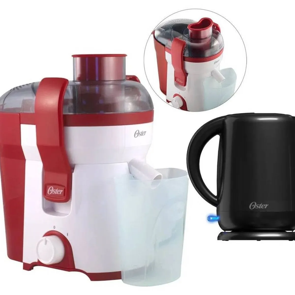 OSTER - Combo Extractor de jugos 400W Rojo y Hervidor Eléctrico Negro Oster