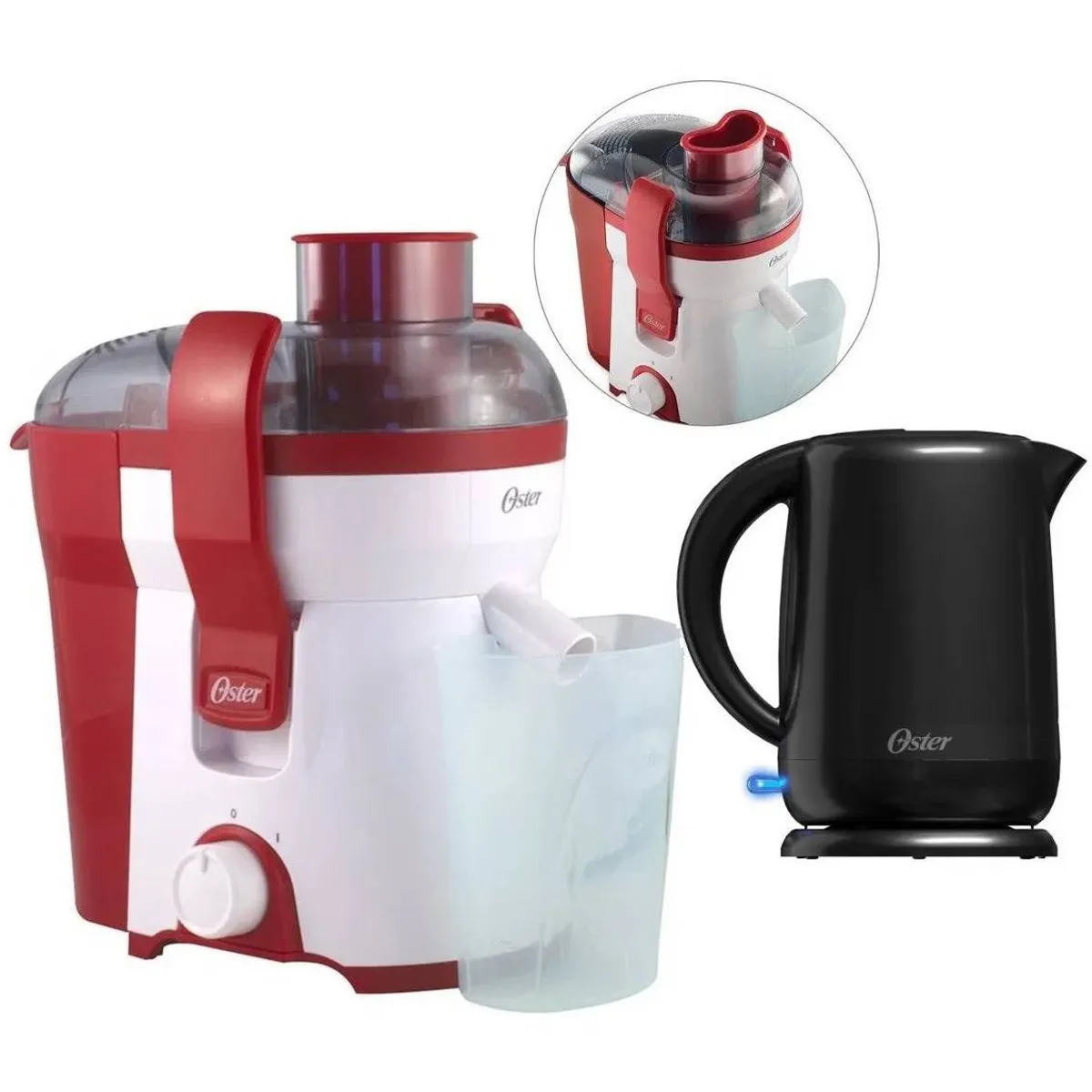 OSTER - Combo Extractor de jugos 400W Rojo y Hervidor Eléctrico Negro Oster
