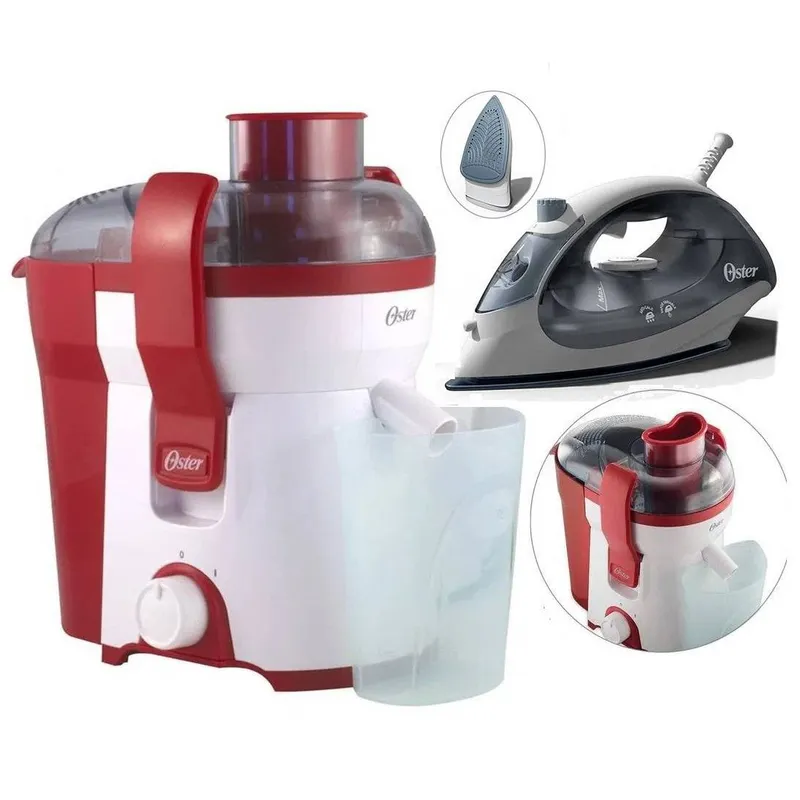 OSTER - Combo Plancha Compact Azul Niebla Oster y Extractor de jugos 400W Rojo