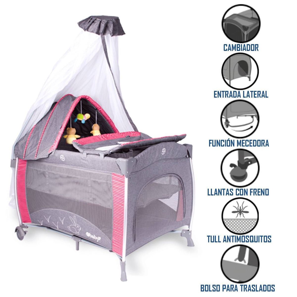 EBABY - Ebaby- Cuna Corral Mecedora Noa Con Llantas con Freno Rojo