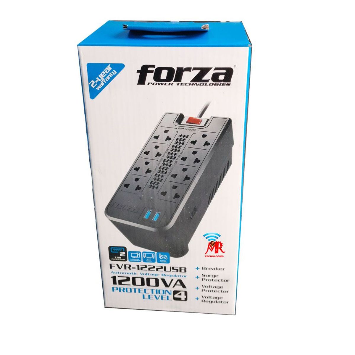 FORZA - ESTABILIZADOR 1200VA MODELO FVR-1222USB FORZA, 600W, 2USB, 8 Tomas