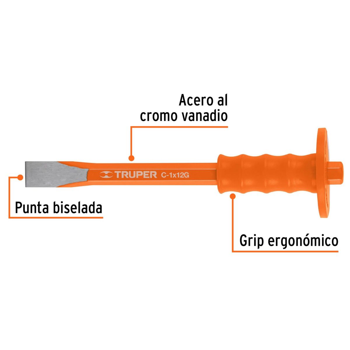 TRUPER - Cincel Plana 1 x 12" con grip ergonómico antivibración, Truper