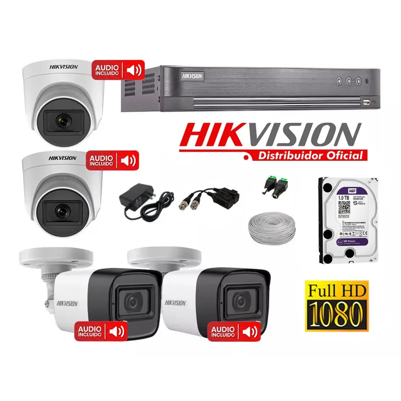 HIKVISION - Kit 4 Cámaras Seguridad Audio Incorporado Hikvision 2 MEGAPIXELES