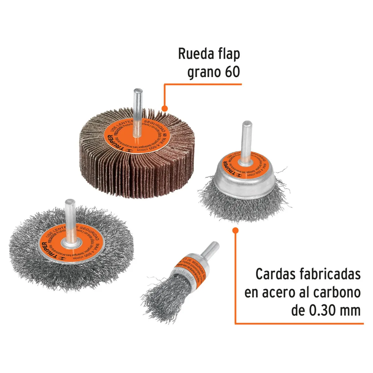 TRUPER - Escobilla de metal cardas para taladro 4 unidades Truper