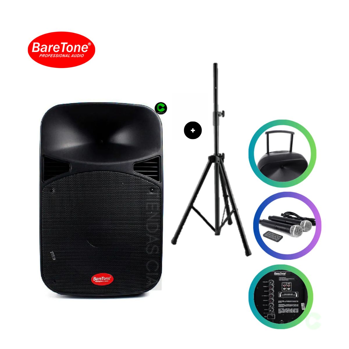 BARETONE - Combo Parlante BARETONE + 3 MICROFONOS+ TRIPODE 1.5
