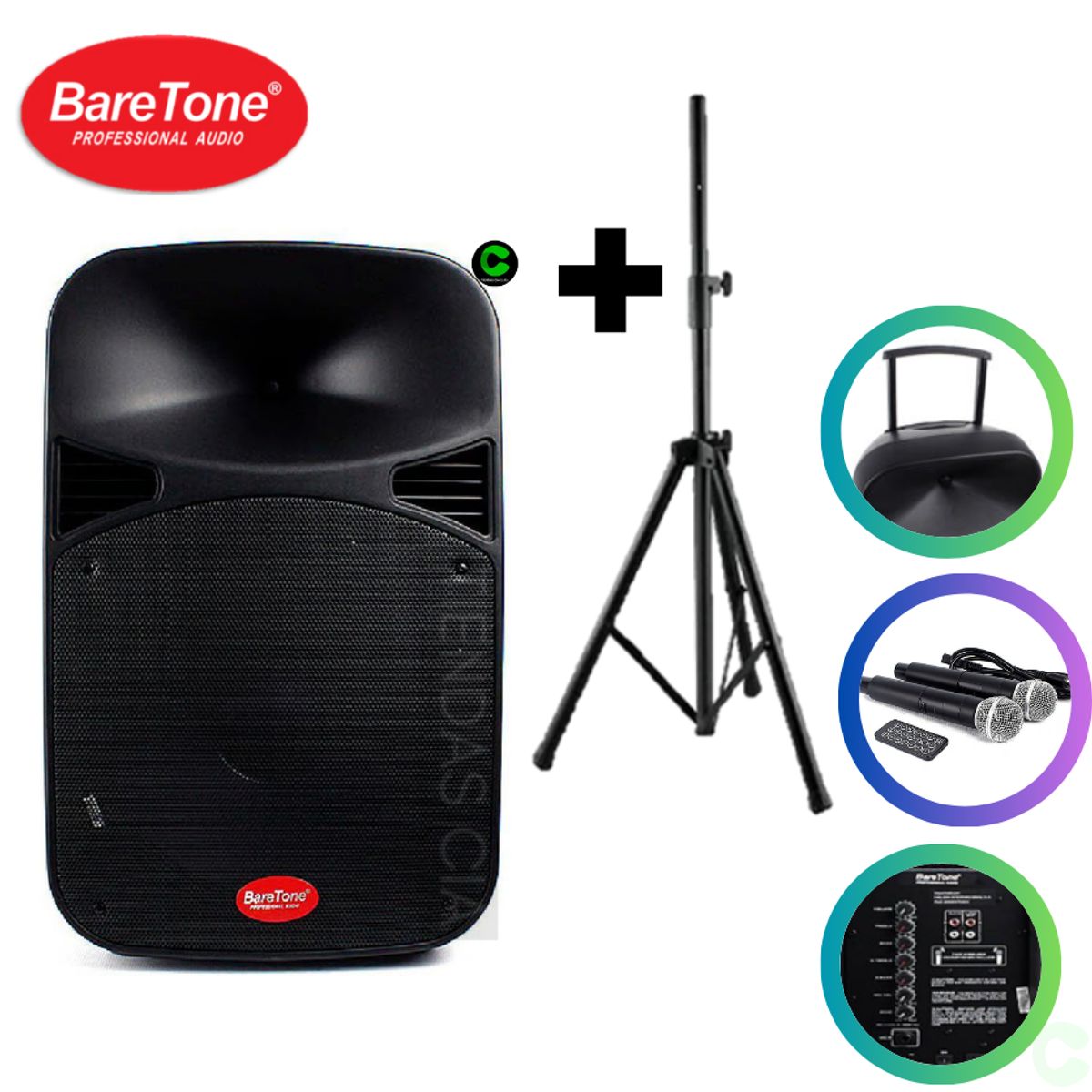 BARETONE - Combo Parlante BARETONE + 3 MICROFONOS+ TRIPODE 1.5