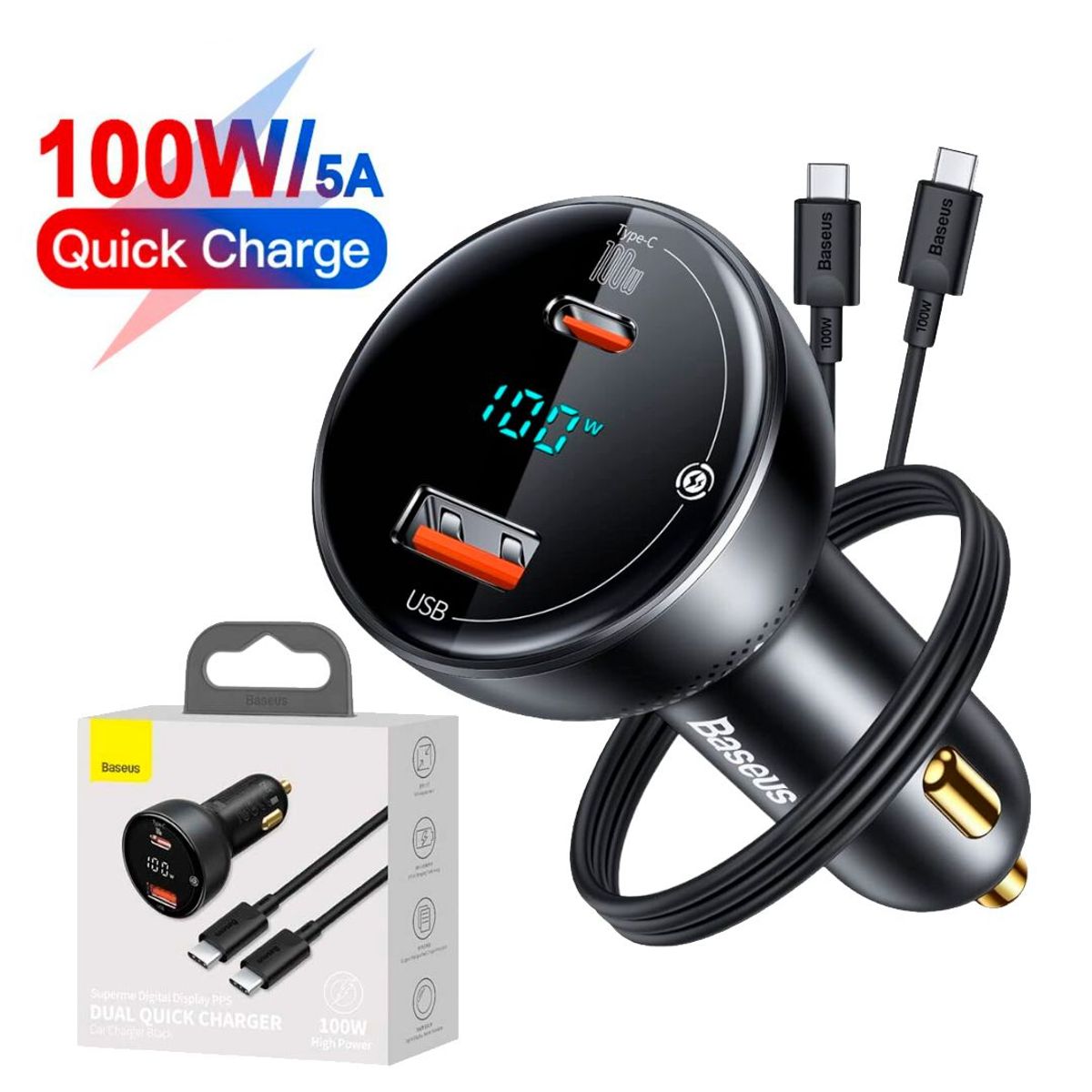BASEUS - Cargador de coche Baseus 100W Puerto Dual USB Tipo C De Carga Rapida