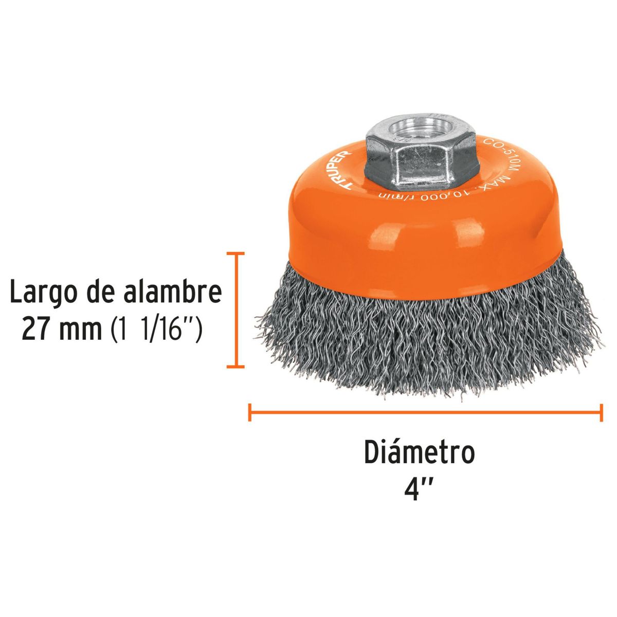 TRUPER - Cepillo metálico Carda copa 4 pulgadas alambre ondulado fino Truper