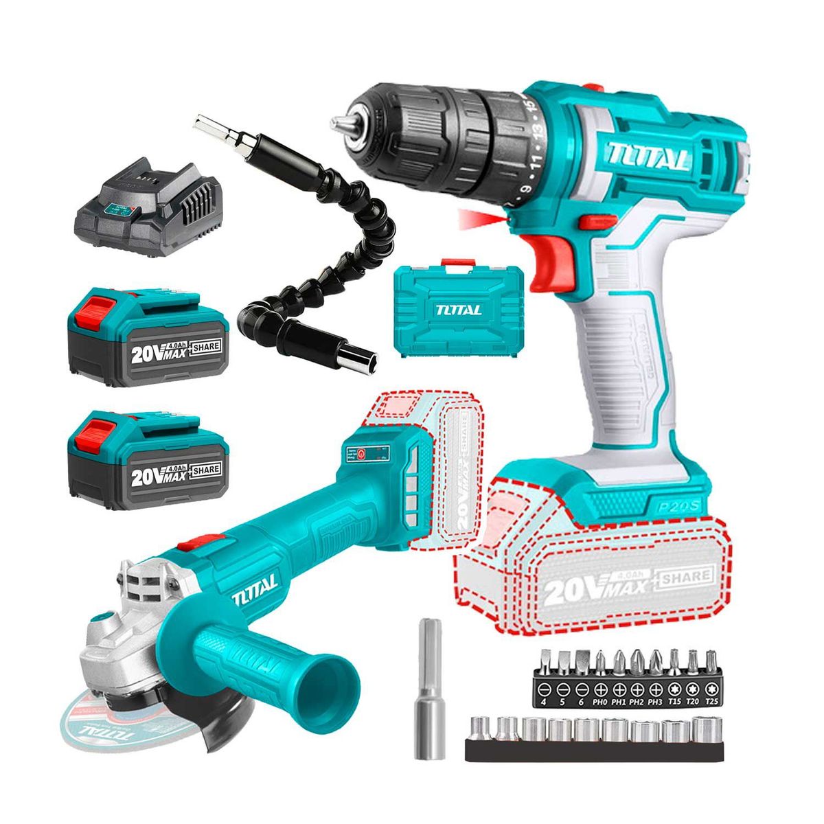 Total Tools - TALADRO ATORNILLADOR AMOLADORA INALÁMBRICA TOTAL DADOS PUNTA