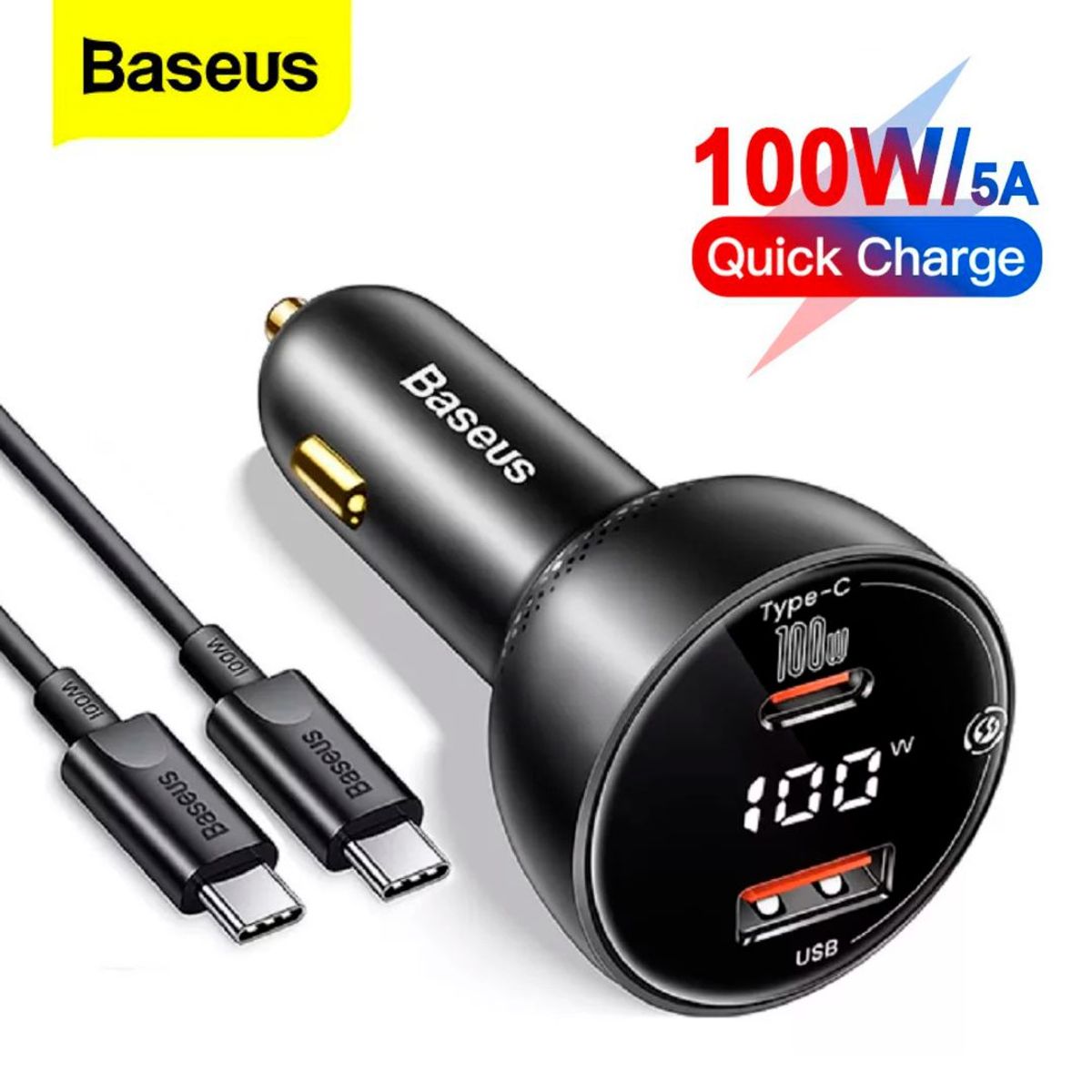 BASEUS - Cargador Auto Baseus 100W Carga Rapida Puerto Dual USB Tipo C
