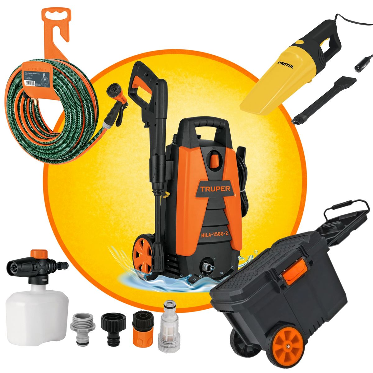 TRUPER - MEGACOMBO HIDROLAVADORA 1500PSI MANGUERA ASPIRADORA CAJA CON RUEDA