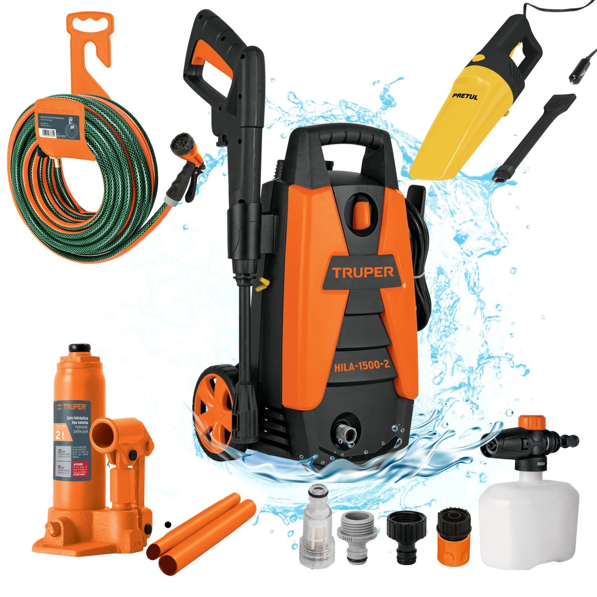 TRUPER - MEGACOMBO HIDROLAVADORA 1500PSI MANGUERA GATA HIDRAULICA  ASPIRADORA