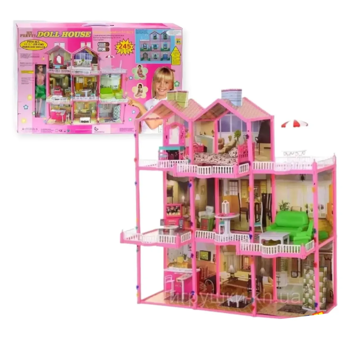 GENERICO - Casa de Muñecas Amoblada 3 Niveles 245 PCS + muñeca