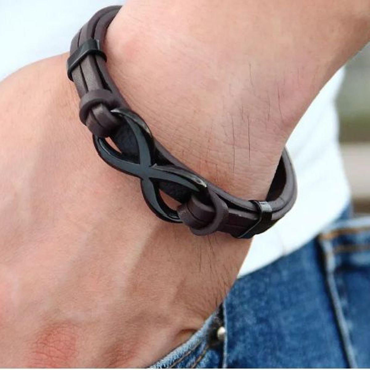 GENERICO - Pulsera brazalete de cuero y acero inoxidable Infinity