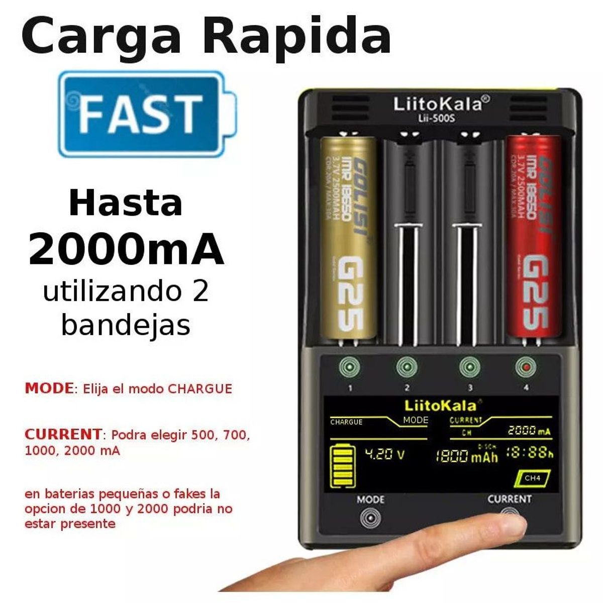 LIITOKALA - Cargador 4 Pilas Liitokala lii 500s AA Aaa 18650 FuncTest+ POWER BANK