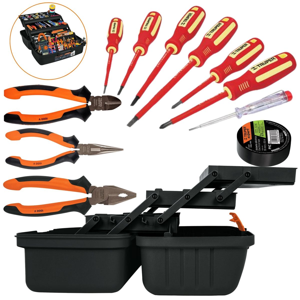 TRUPER - combo Caja de electricistas, 3 alicates desarmadores 1000v